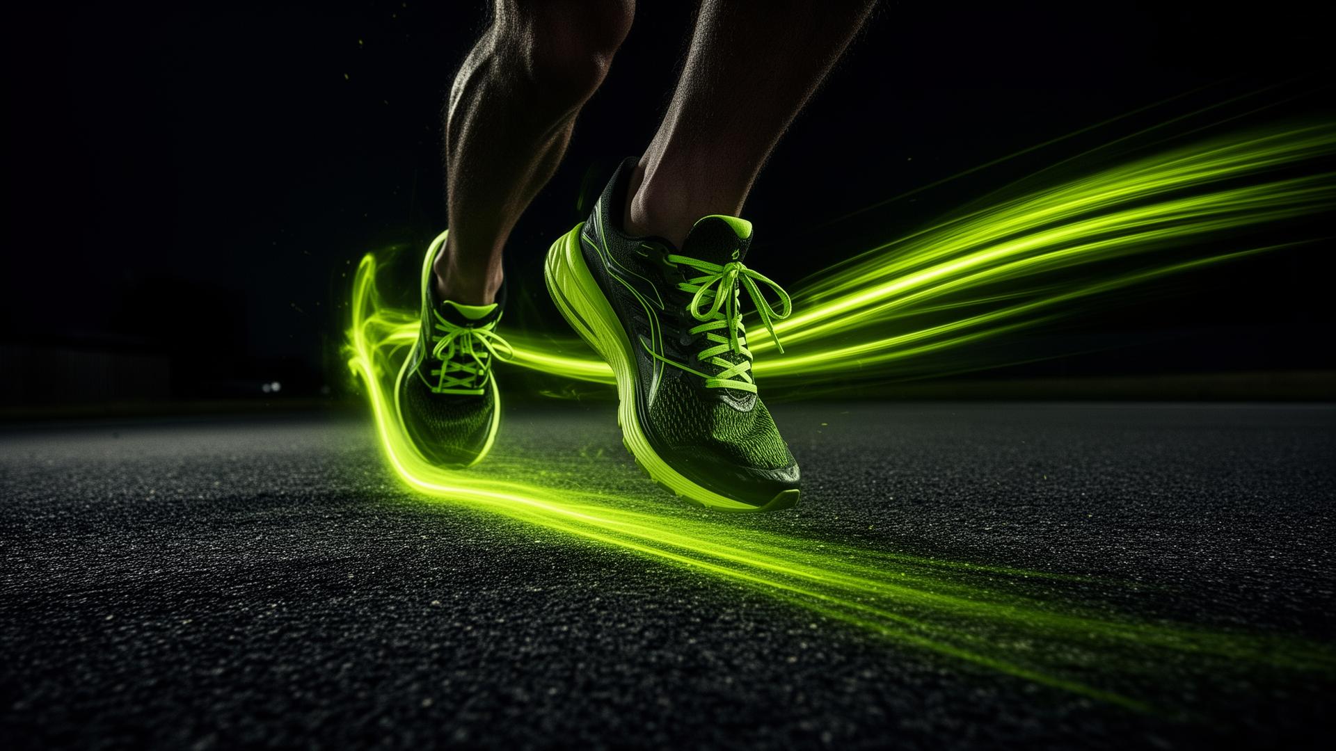 Walker in motion with neon green light trails